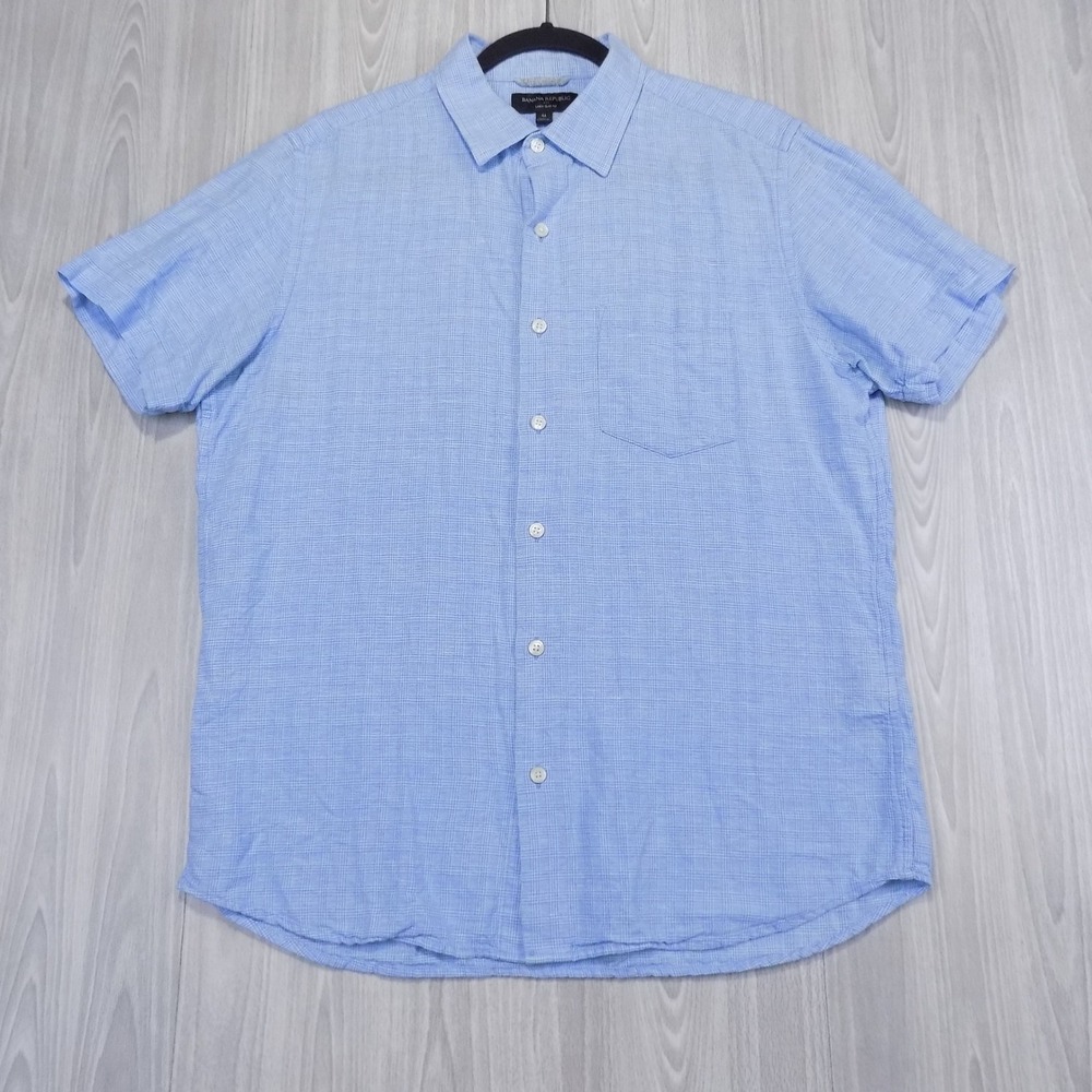 Banana Republic Linen Slim Fit Shirt Mens M Blue Plaid Short Sleeve Button-Down